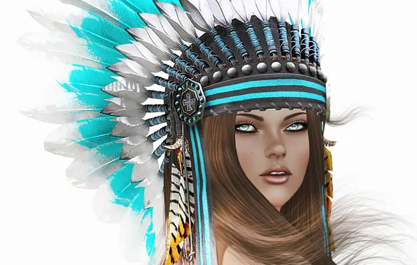 Look, girl, face, background, hair, feathers, headdress