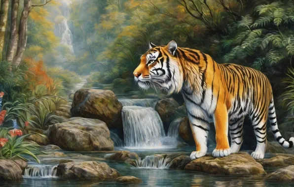 Look, flowers, branches, nature, tiger, stones, shore, waterfall