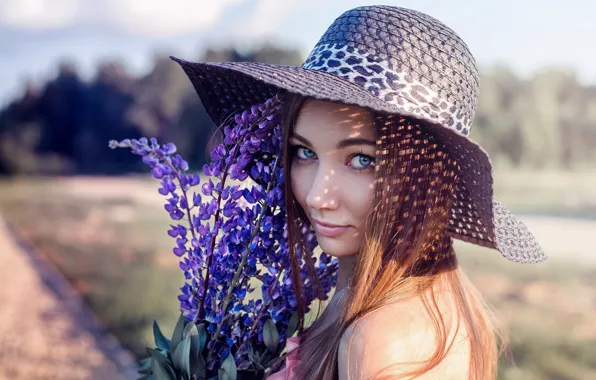 Look, girl, the sun, flowers, portrait, hat, makeup, hairstyle