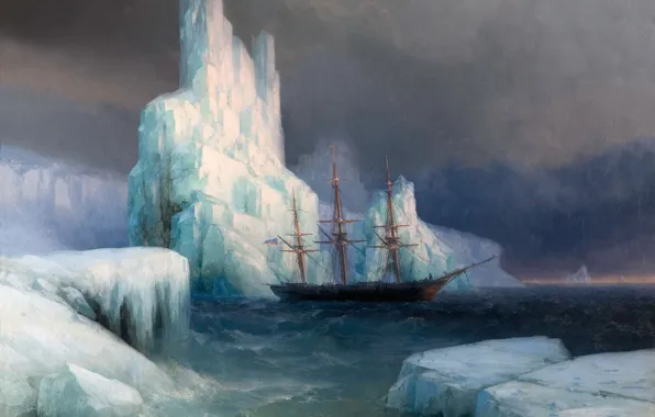 Landscape, ship, picture, iceberg, sail, 1870, Ivan Aivazovsky, Ice Mountains in Antarctica