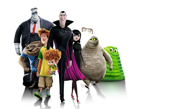 Picture cartoon, white background, characters, Frankenstein, Dracula, Mavis, Hotel Transylvania 2, Transylvania 2