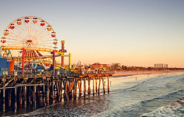 Wave, beach, the sky, sunset, people, CA, Ferris wheel, Los Angeles