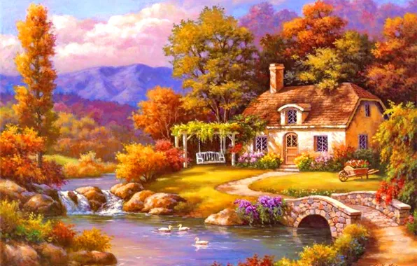 Autumn, river, home, picture, painting, painting, Sung Kim