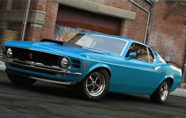 Machine, graphics, Mustang, Ford, art, blue, 1970, dangeruss