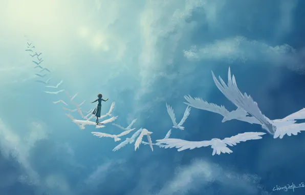 Picture girl, clouds, birds, fantasy, art, in the sky