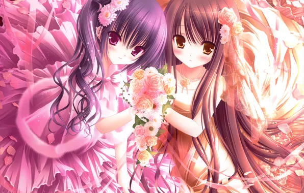 Picture flowers, girls, roses, bouquet, petals, dress, art, beads