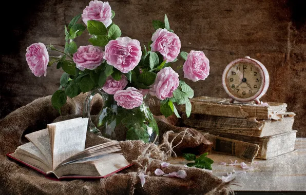 Picture book, flowers, still life, bouquet, alarm clock, roses