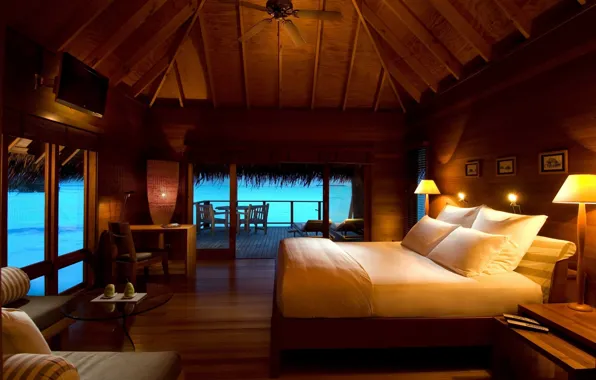 Picture sea, stay, bed, pillow, Bungalow, lamps