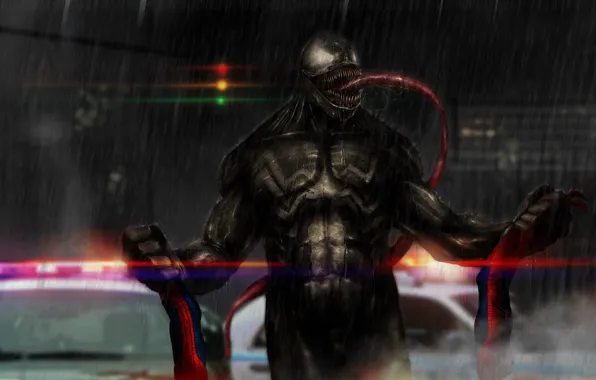 Language, rain, traffic light, venom, spider-man