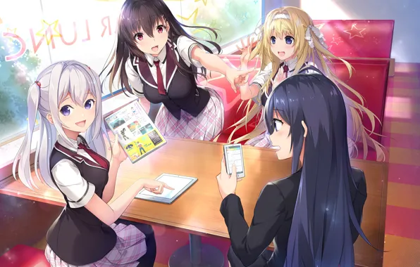 The game, Girls, anime, phone, school uniform