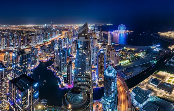 Building, home, panorama, Bay, Dubai, night city, Dubai, skyscrapers