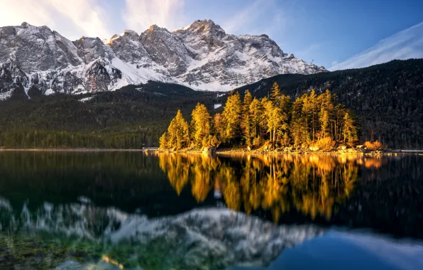 Trees, mountains, lake, reflection, island, Germany, Bayern, Alps
