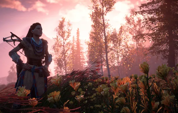 The sky, Girl, Mountains, Trees, Bow, Horizon, Hunter, Sony Computer Entertainment