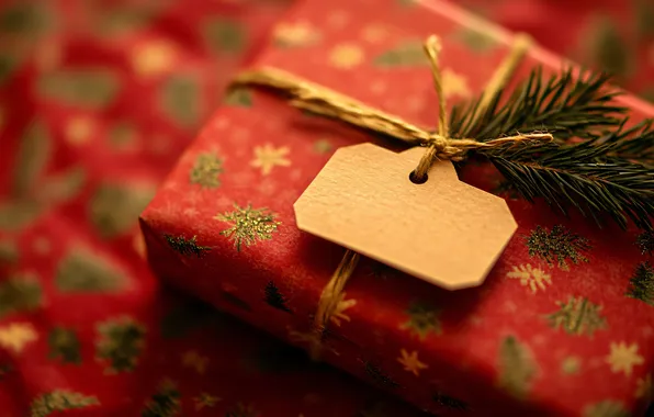 Box, gift, rope, Christmas, New year, needles, red background, packaging