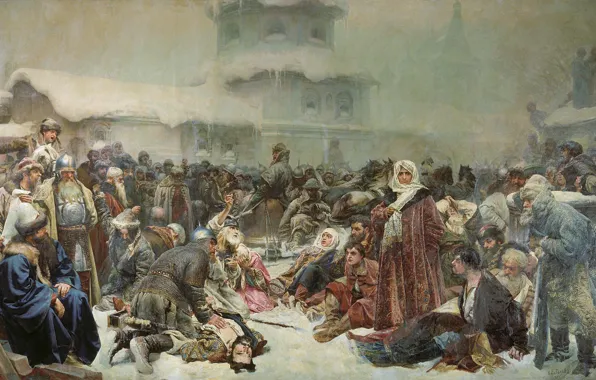 Picture oil, canvas, 1889, Klavdiy LEBEDEV, Martha Of Posadnitsa, The destruction of the Novgorod Veche