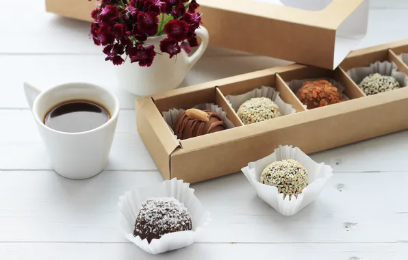 Flowers, box, coffee, candy, Cup