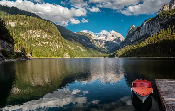 Mountains, lake, boat, Austria, Alps, Austria, Alps, Lake Gosau