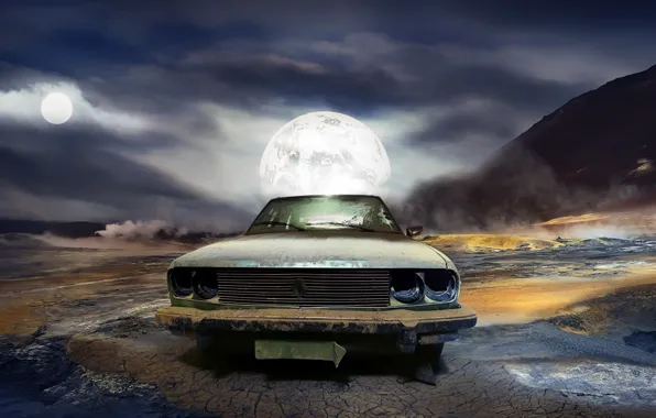 Machine, night, the moon, scrap