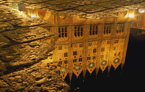 Reflection, Germany, puddle, bridge, town hall, city hall, Stralsund