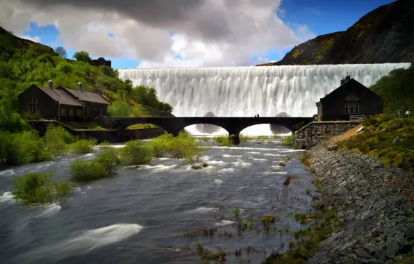 The sky, mountains, bridge, house, river, waterfall, arch