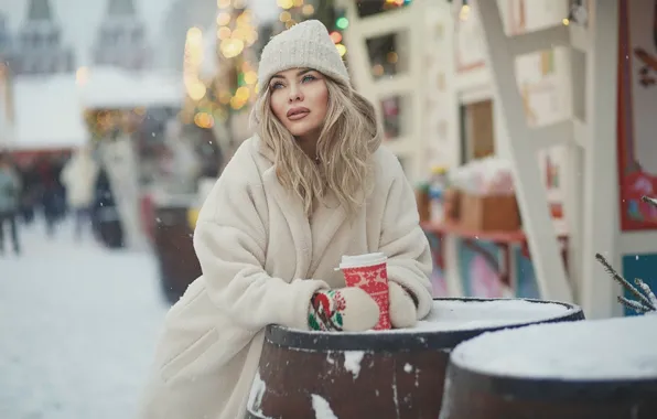 Winter, girl, snow, pose, hat, blonde, coat, Cup