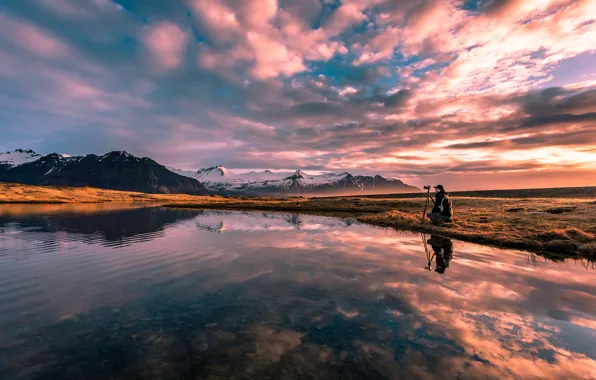 Picture sunset, mountains, clouds, nature, lake, photographer