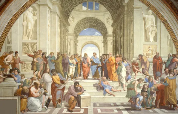 Picture picture, art, Rafael, Zenon Of Kition, Hypatia, The school of Athens, Heraclitus, Socrates