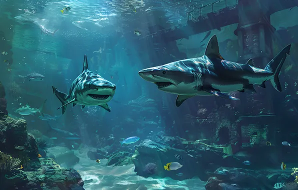 Fish, The ruins, Underwater world, Digital art, Sharks, Predators, AI art, The Art of Artificial …