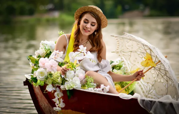 Girl, flowers, pose, smile, umbrella, mood, boat, hat