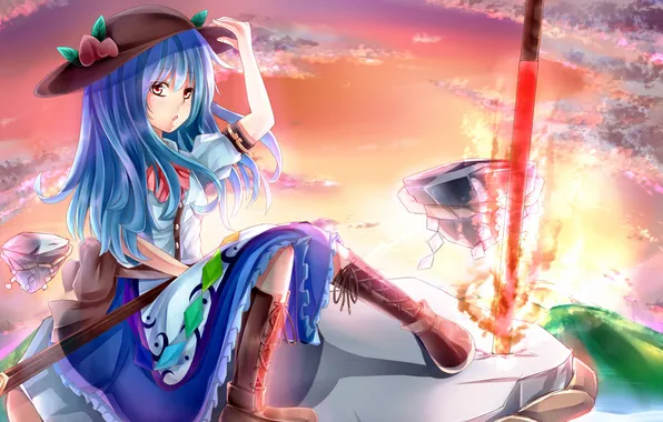 The sky, look, water, girl, the sun, clouds, stones, dawn