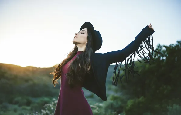 Girl, hat, brunette, curls