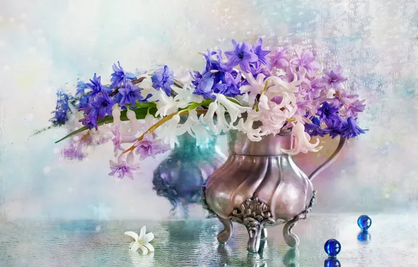 Water, drops, balls, flowers, vase, hyacinths