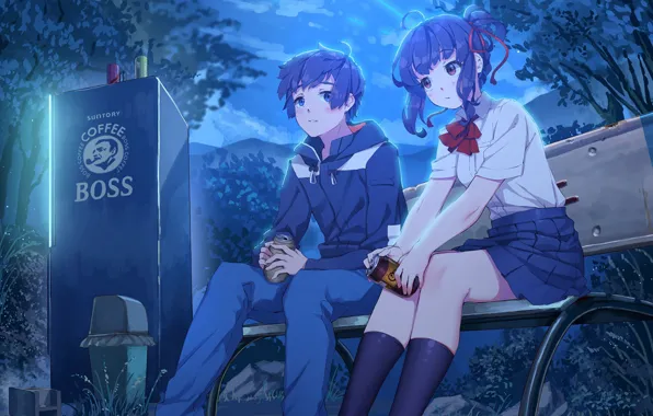 Girl, night, anime, art, guy, two, Kimi no VA On