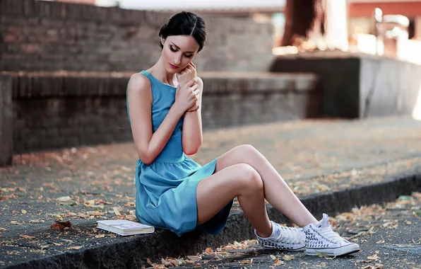Girl, face, pose, mood, the building, sneakers, dress, book