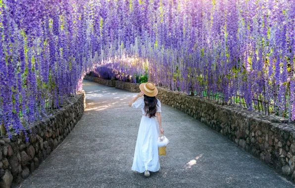 Summer, girl, light, flowers, Park, stones, hat, garden