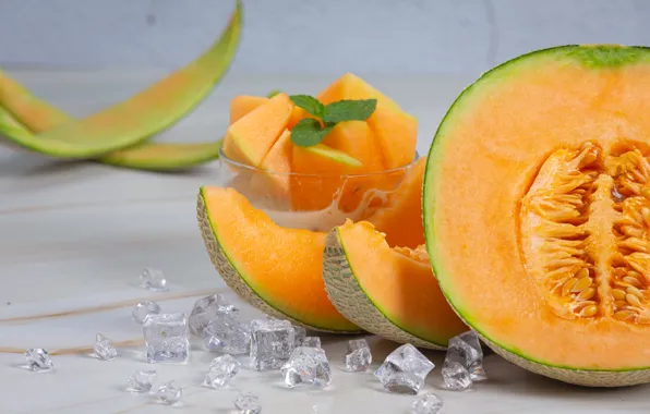 Slices, composition, melon, ice cubes