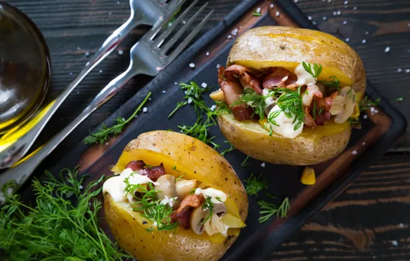 Mushrooms, food, dill, bacon, potatoes, appetizer