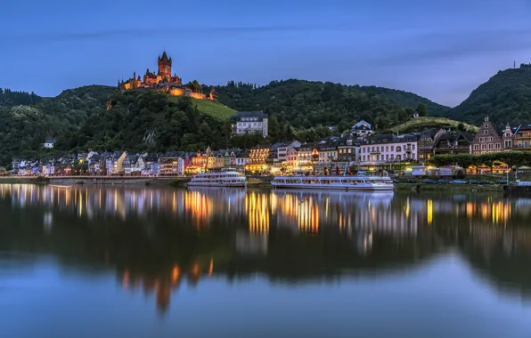 Picture lights, river, castle, home, Germany, Cochem