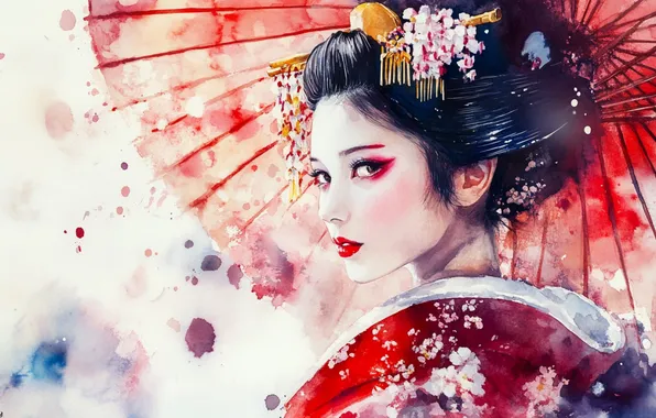 Girl, umbrella, geisha, Asian, in red, imitation painting, AI art, neural network