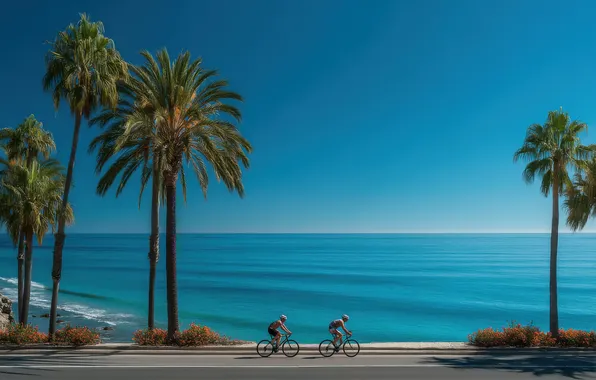 Road, sea, the sky, tropics, blue, palm trees, people, shore