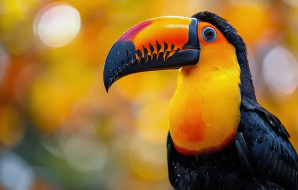 Look, nature, bird, portrait, Toucan, yellow background, bokeh, AI art