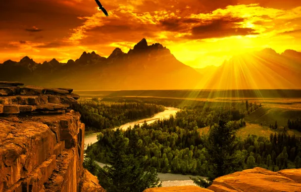 Picture forest, sunset, mountains, river
