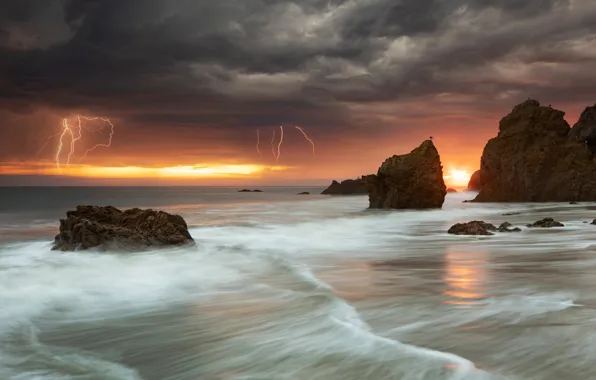 Sea, the storm, wave, the sky, sunset, clouds, stones, rocks