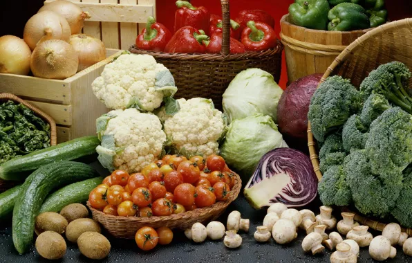 Basket, vegetables, cabbage, mushrooms, abundance, drops