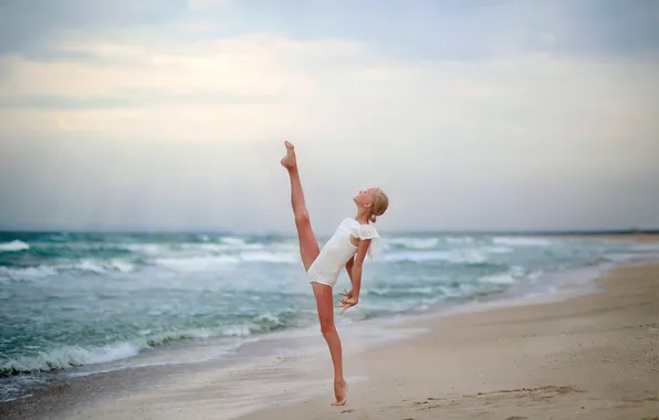 Wave, clouds, grace, twine, gymnast, sandy beach, sea shore, Suzanne