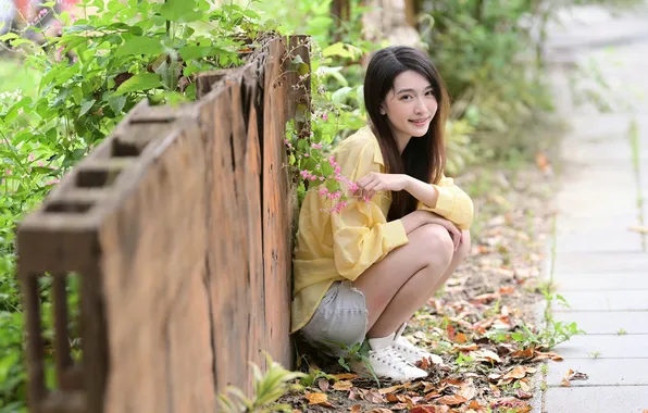 Shorts, Smile, Asian, Blouse, Sitting