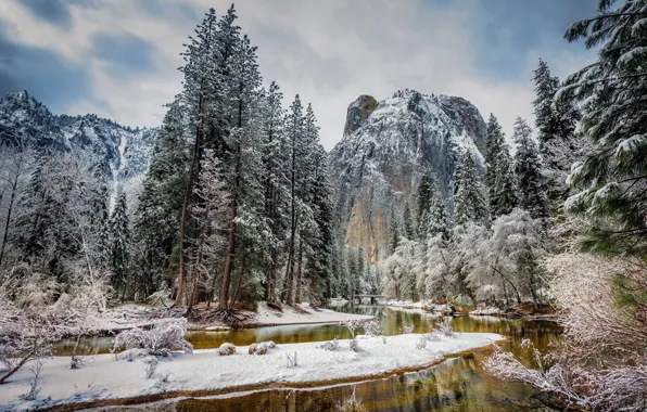 Picture winter, forest, snow, mountains, CA, USA, river, Yosemite national Park
