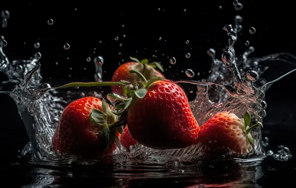 Water, berries, splash, strawberry, digital art, AI art, neural network, the art of artificial intelligence