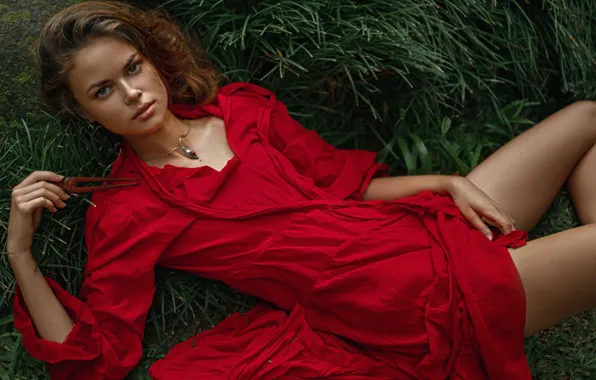 Look, girl, pose, red, dress, George Chernyadev, Georgy Chernyadyev, Victoria Ageeva