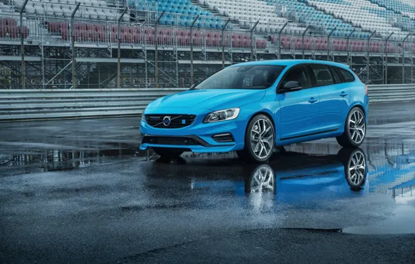 Asphalt, blue, puddle, the fence, volvo, the front, Volvo, tribune